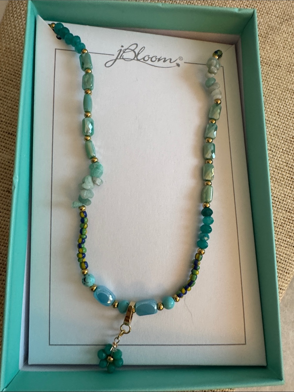 bloom Aqua and Teal Beaded Stretch Necklace with Flower Charm Fashion Jewelry